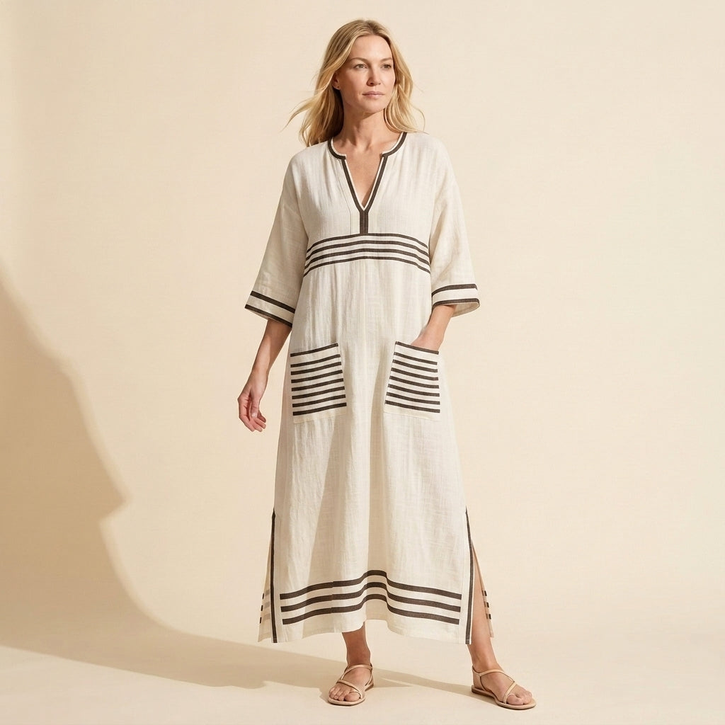 Santorini Striped Kaftan Maxi Dress | Women's Beach Cover-Up — Beige