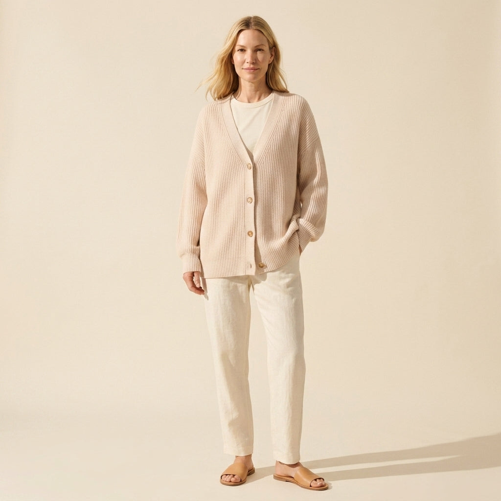 Women's Oversized Knit Cardigan Sweater - Cozy Button-Front — Beige