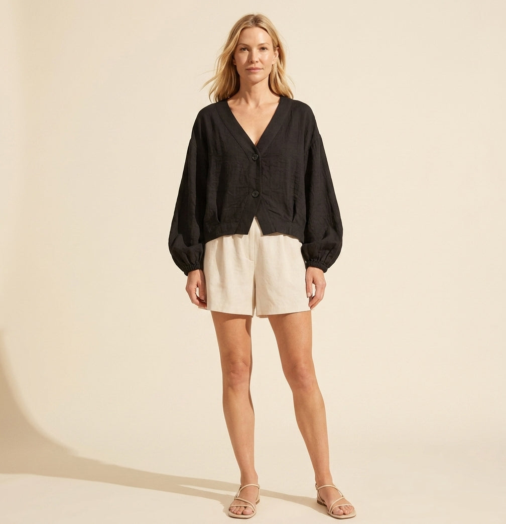 Eliana Women's Linen Blend Blouse | Summer V-Neck Top — Black