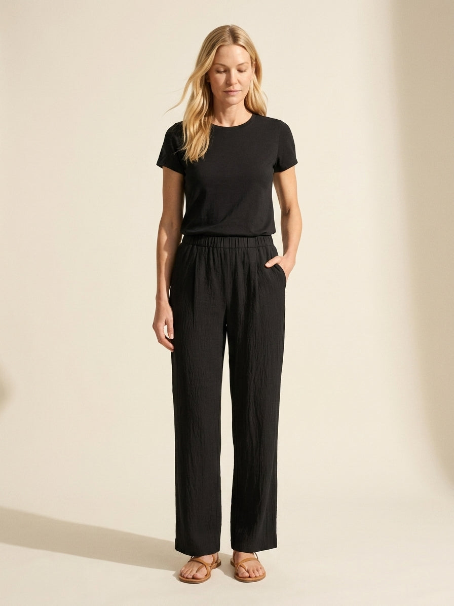 Wrinkle-Free Cotton Linen Straight Leg Pants | Mid-Rise Comfort — Black