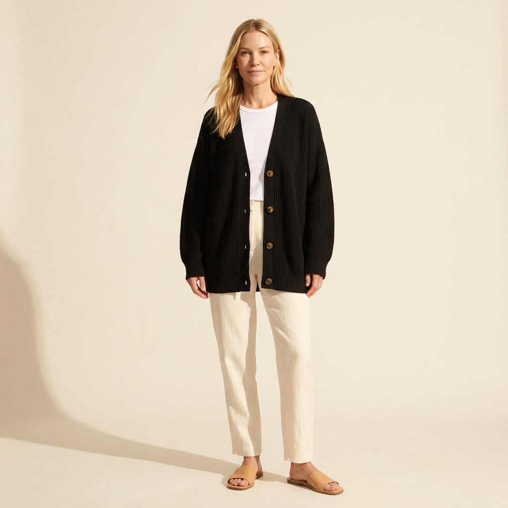 Women's Oversized Knit Cardigan Sweater - Cozy Button-Front — Black