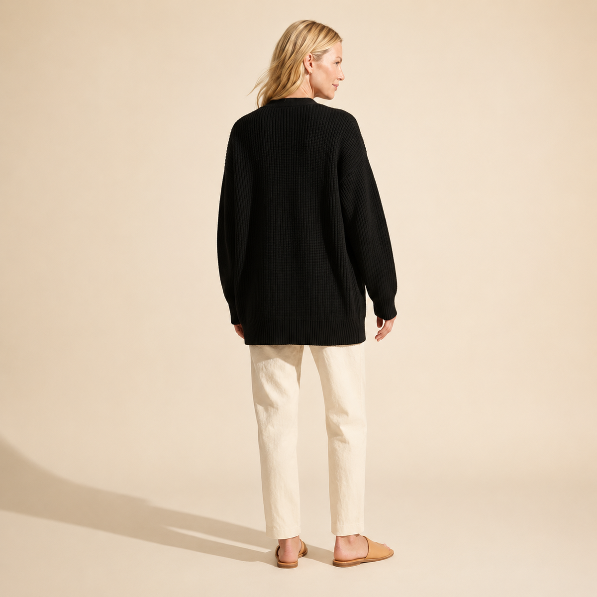 Women's Oversized Knit Cardigan Sweater - Cozy Button-Front — Black