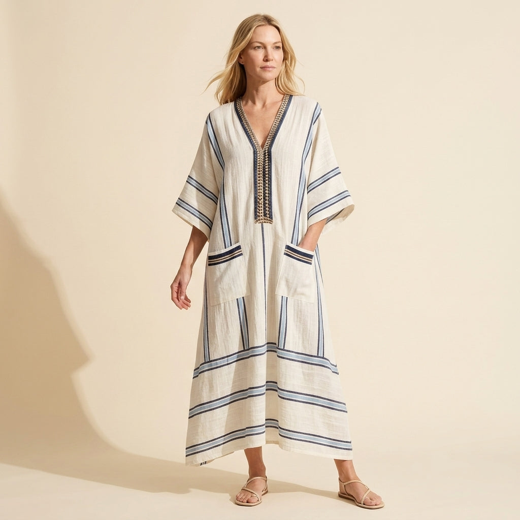 Santorini Striped Kaftan Maxi Dress | Women's Beach Cover-Up — Blue