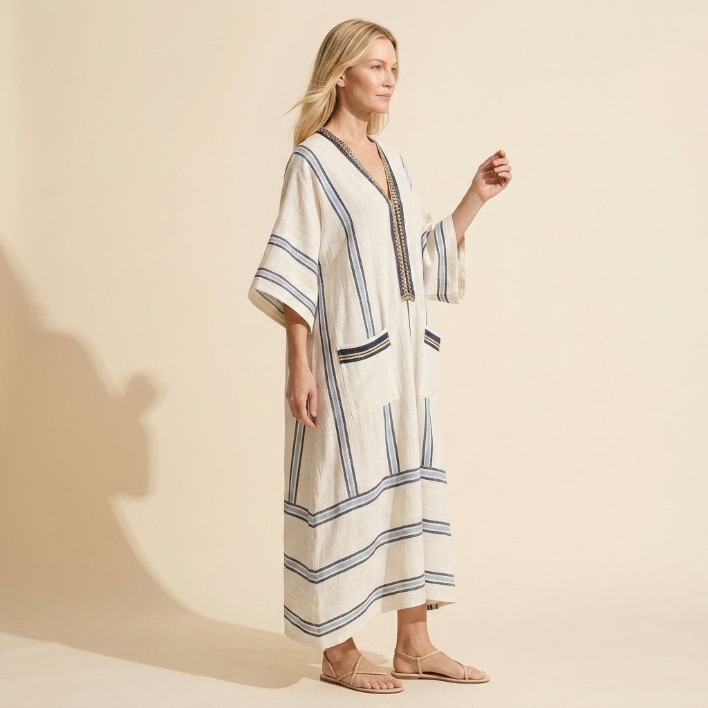 Santorini Striped Kaftan Maxi Dress | Women's Beach Cover-Up — Blue
