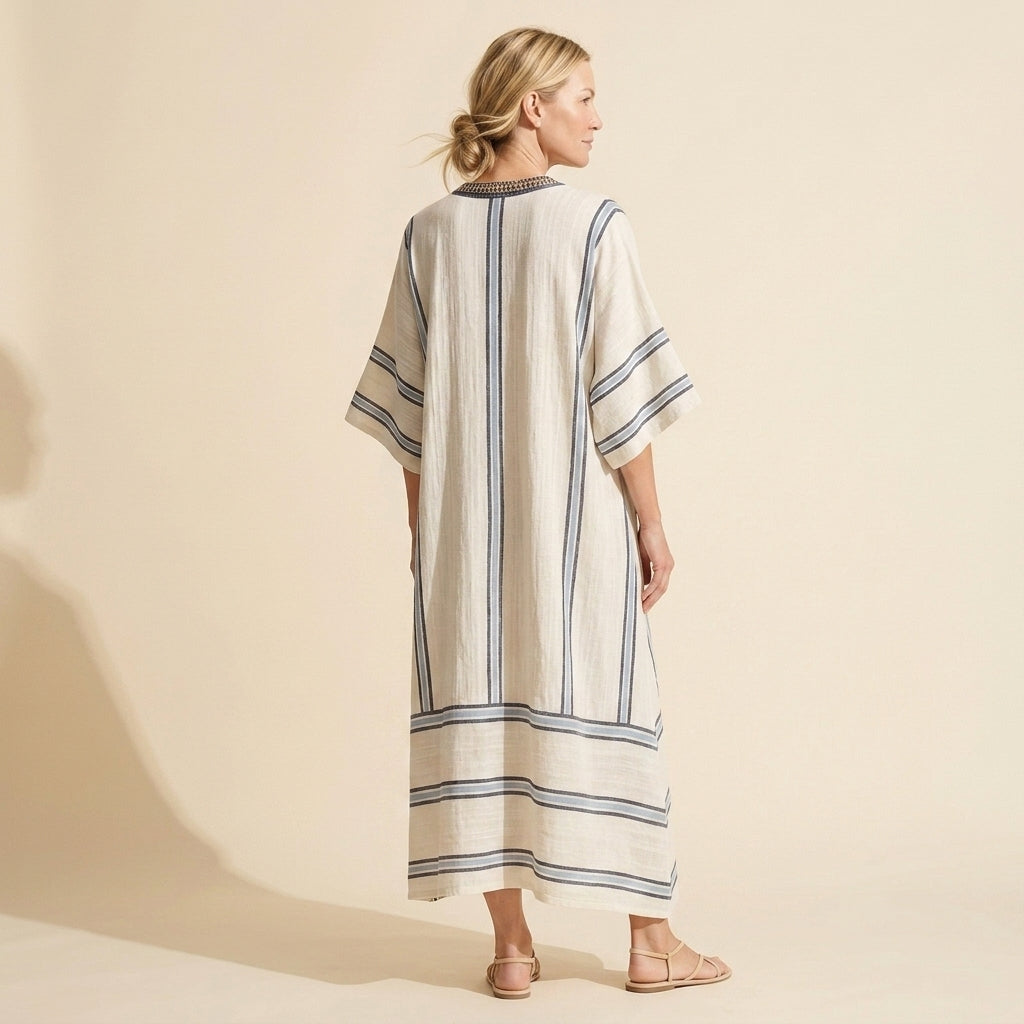 Santorini Striped Kaftan Maxi Dress | Women's Beach Cover-Up — Blue