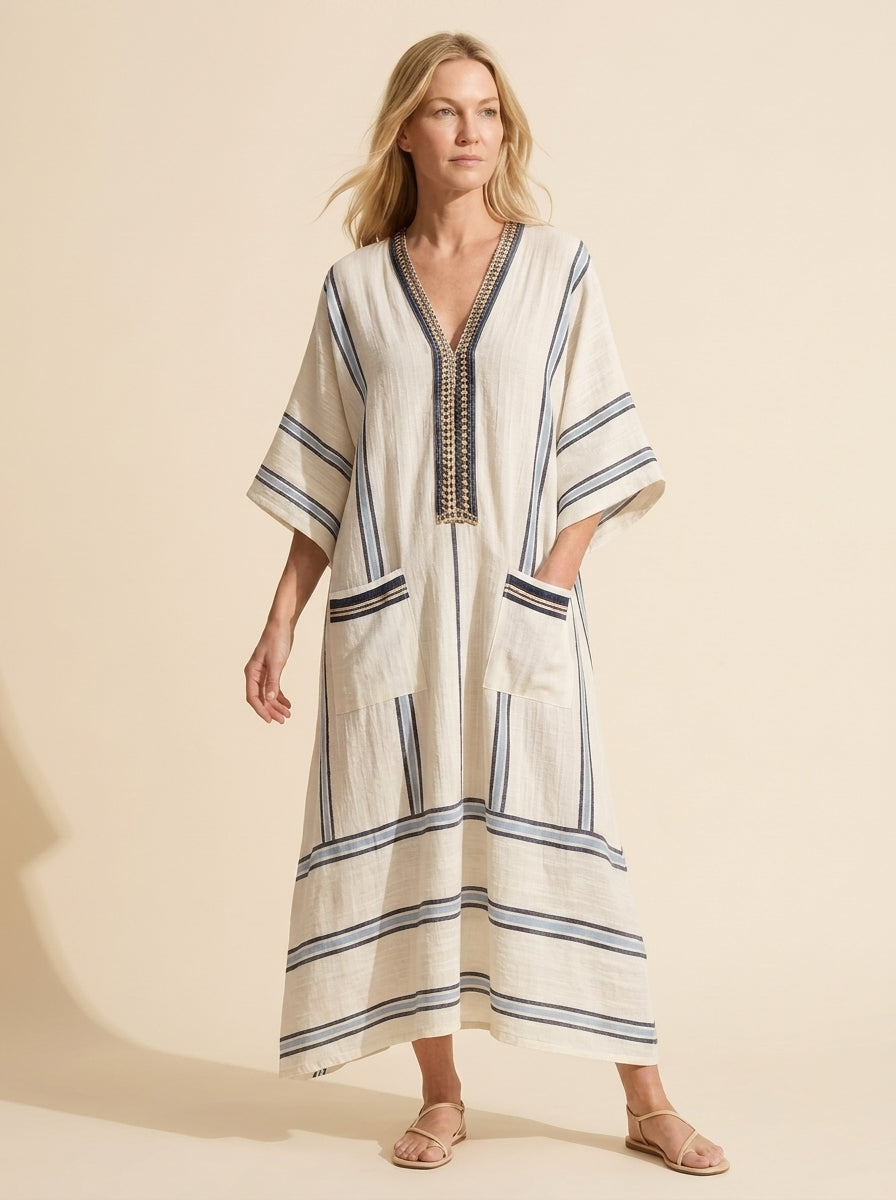 Santorini Striped Kaftan Maxi Dress | Women's Beach Cover-Up — Blue