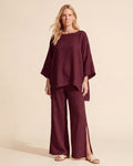 Women's Linen Two Piece Set - Relaxed Cotton Blend Outfit — Burgundy