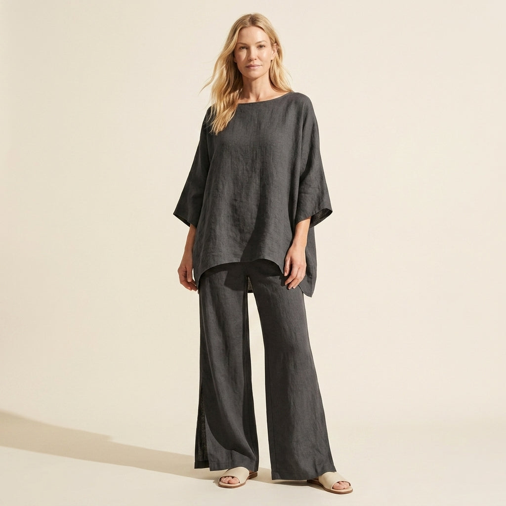 Women's Linen Two Piece Set - Relaxed Cotton Blend Outfit — Dark Gray