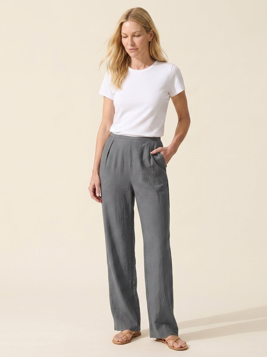 Wrinkle-Free Cotton Linen Straight Leg Pants | Mid-Rise Comfort — Davy