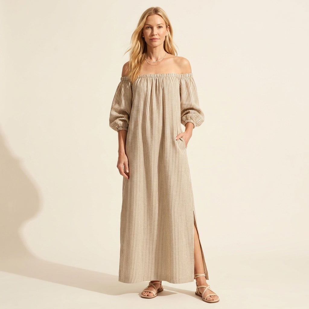 Boho Striped Off-Shoulder Maxi Dress with Puff Sleeves — Gray