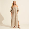 Boho Striped Off-Shoulder Maxi Dress with Puff Sleeves — Gray