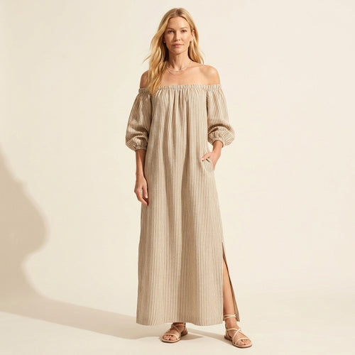 Boho Striped Off-Shoulder Maxi Dress with Puff Sleeves — Gray