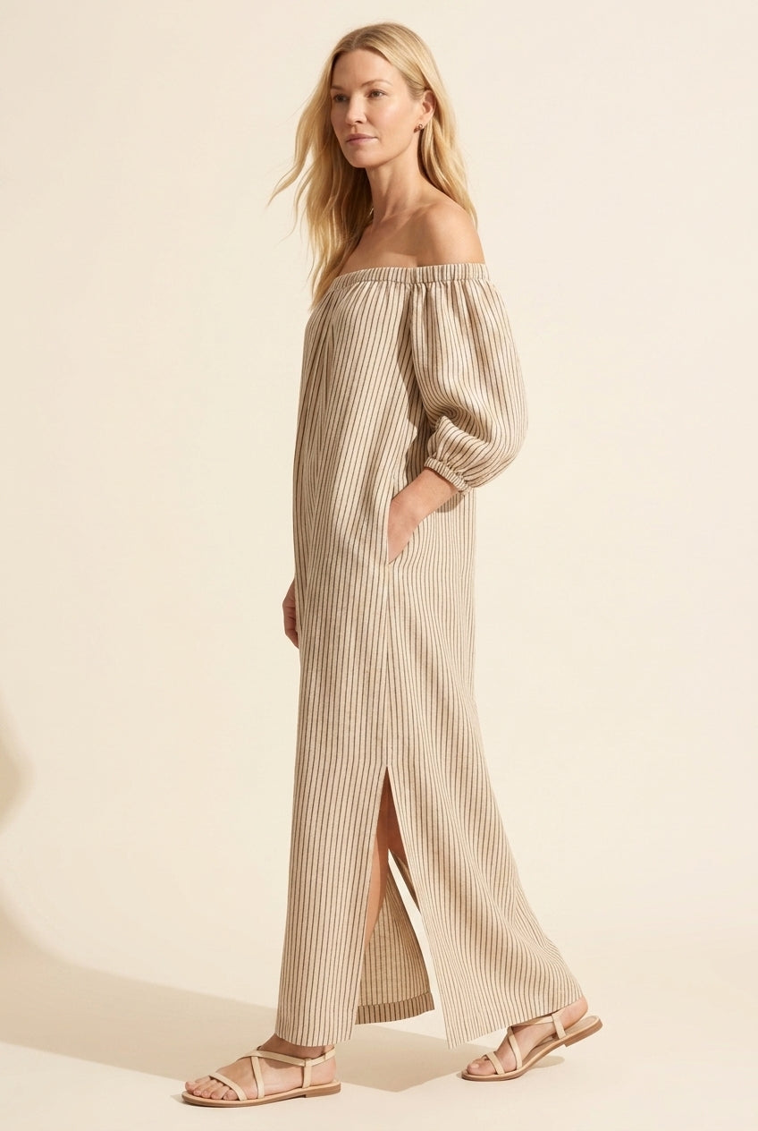 Boho Striped Off-Shoulder Maxi Dress with Puff Sleeves — Gray