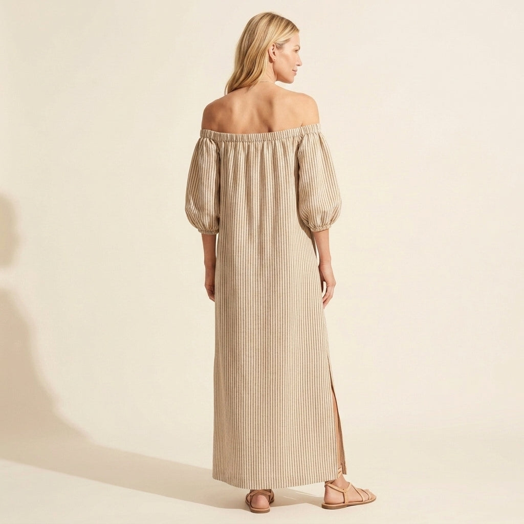 Boho Striped Off-Shoulder Maxi Dress with Puff Sleeves — Gray