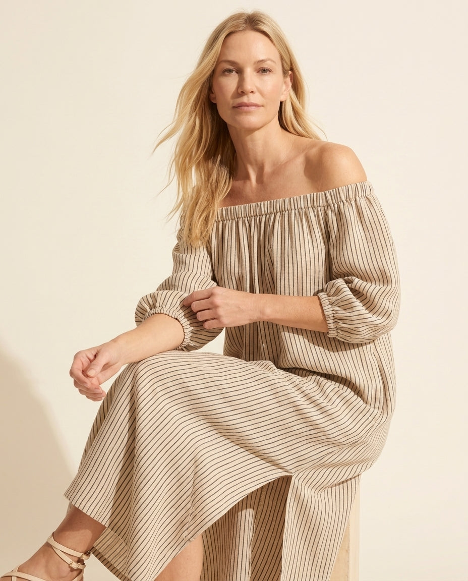 Boho Striped Off-Shoulder Maxi Dress with Puff Sleeves — Gray