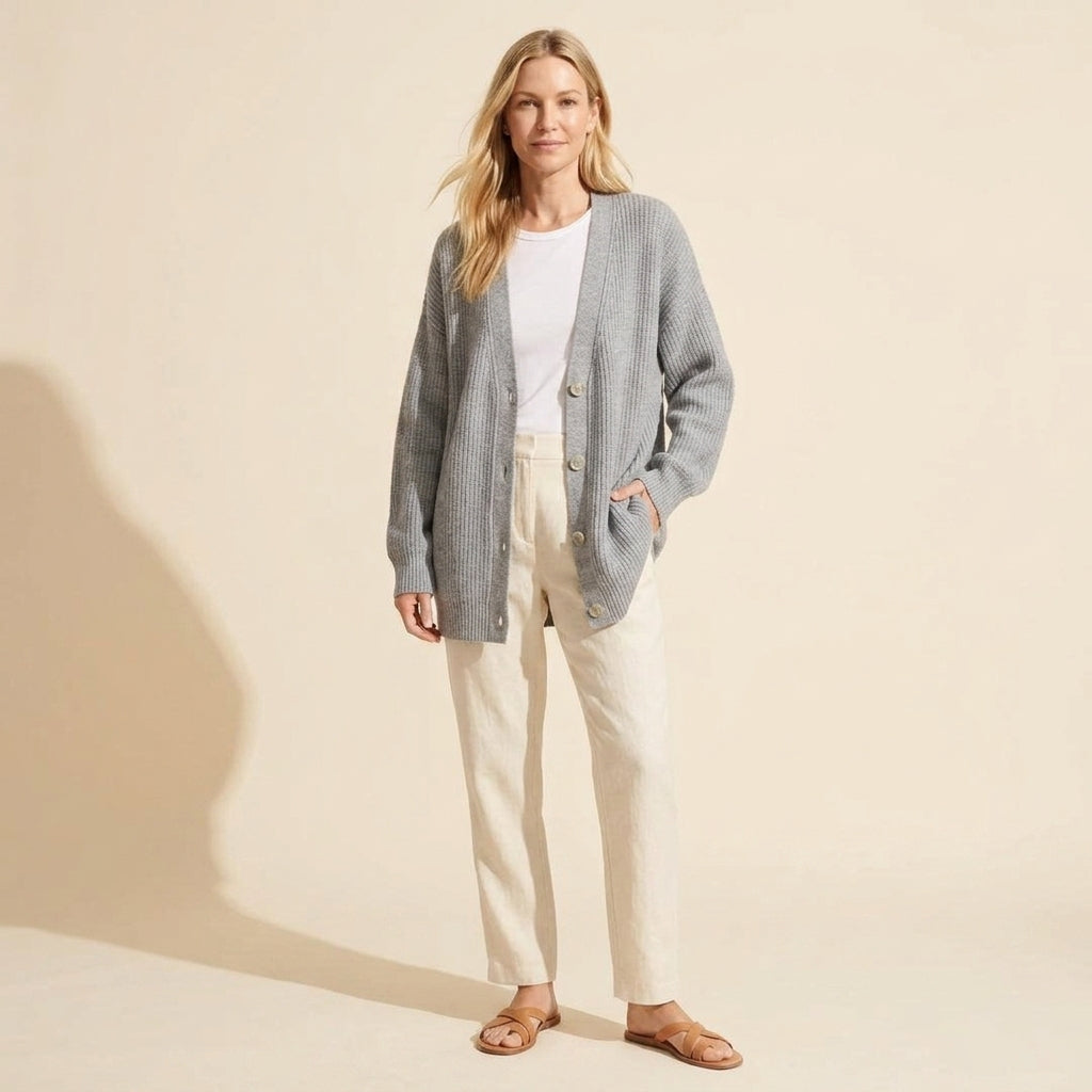 Women's Oversized Knit Cardigan Sweater - Cozy Button-Front — Grey