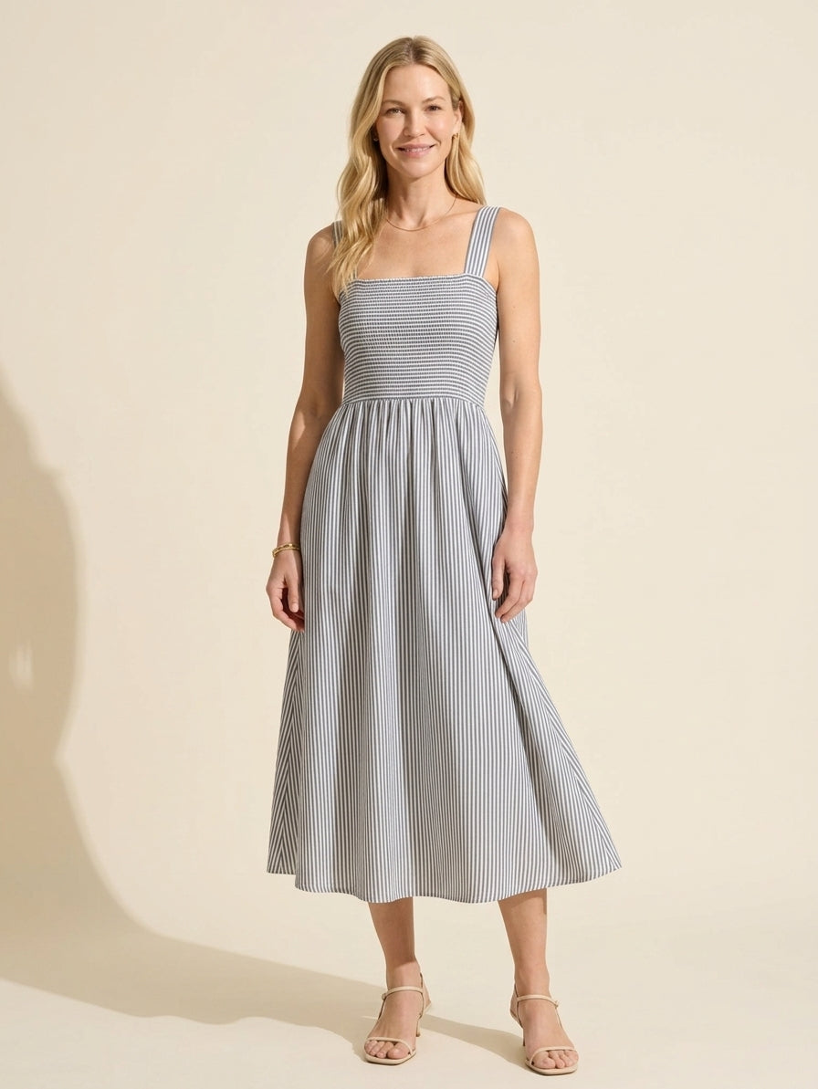 Striped Poplin Square Neck Midi Dress with Built-in Bra — Grey/White Stripe