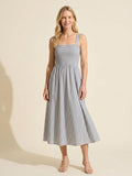 Striped Poplin Square Neck Midi Dress with Built-in Bra — Grey/White Stripe