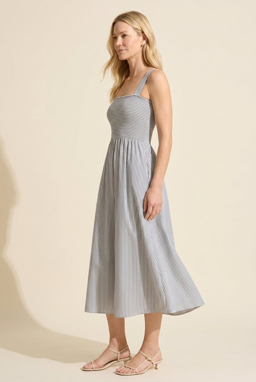Striped Poplin Square Neck Midi Dress with Built-in Bra — Grey/White Stripe