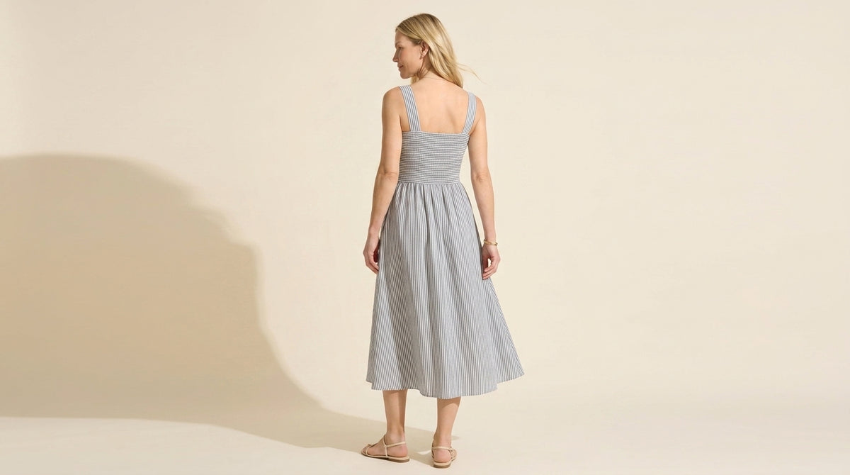 Striped Poplin Square Neck Midi Dress with Built-in Bra — Grey/White Stripe