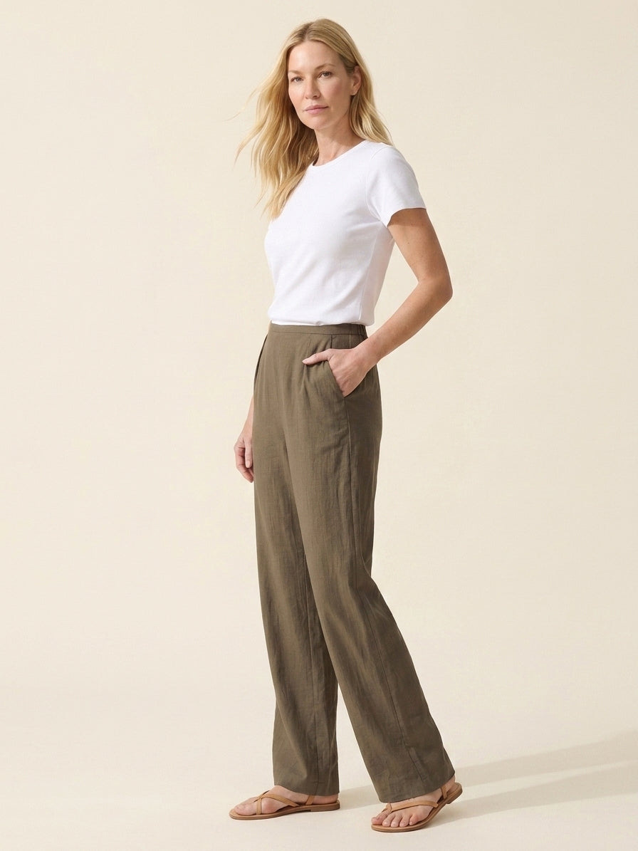 Wrinkle-Free Cotton Linen Straight Leg Pants | Mid-Rise Comfort — Jara