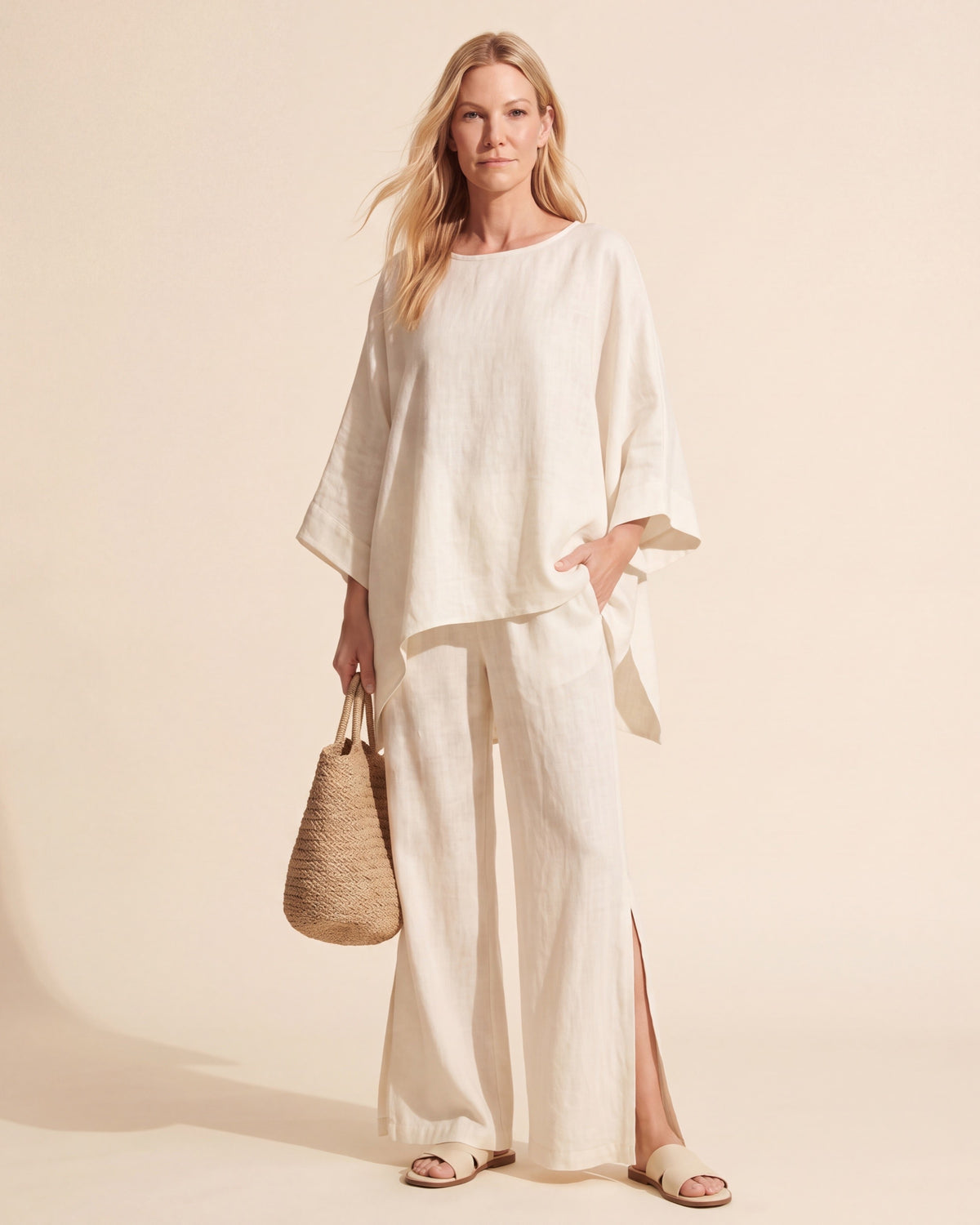 Women's Linen Two Piece Set - Relaxed Cotton Blend Outfit — Khaki