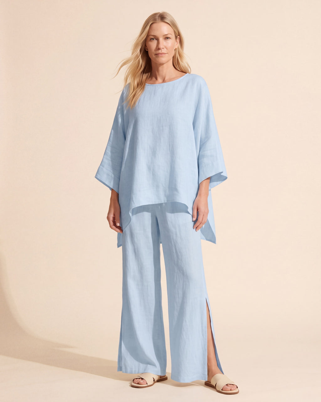 Women's Linen Two Piece Set - Relaxed Cotton Blend Outfit — Light Blue