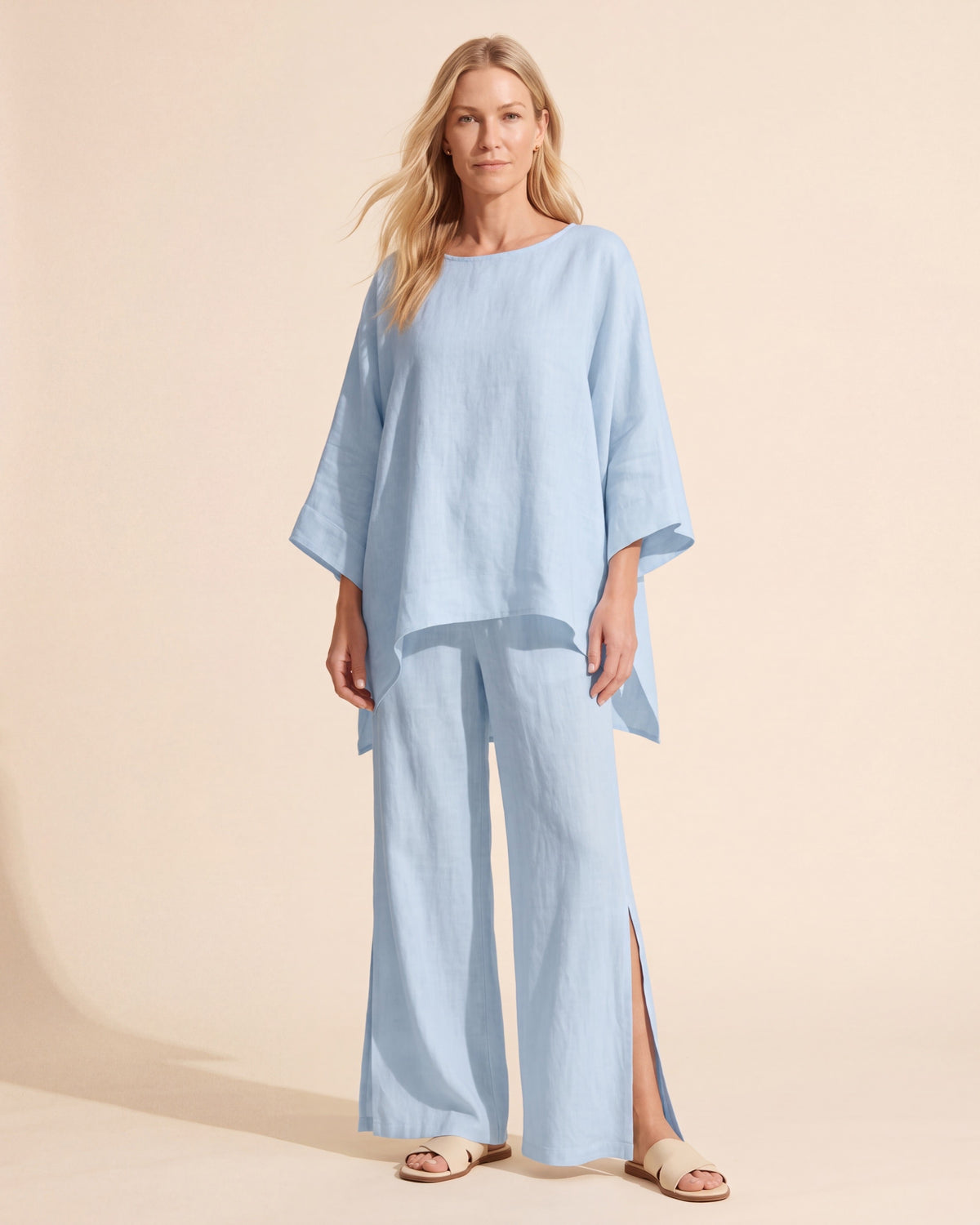 Women's Linen Two Piece Set - Relaxed Cotton Blend Outfit — Light Blue