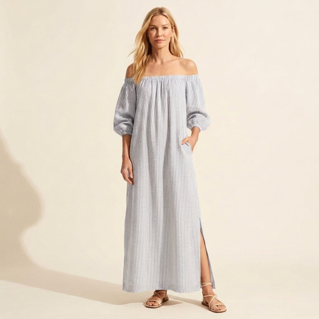 Boho Striped Off-Shoulder Maxi Dress with Puff Sleeves — Light Blue