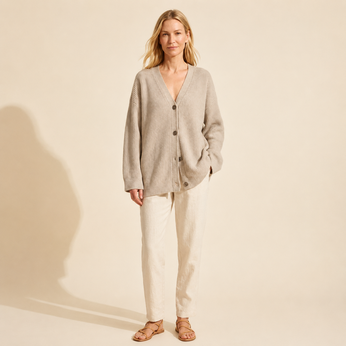 Women's Oversized Knit Cardigan Sweater - Cozy Button-Front — Light Gray