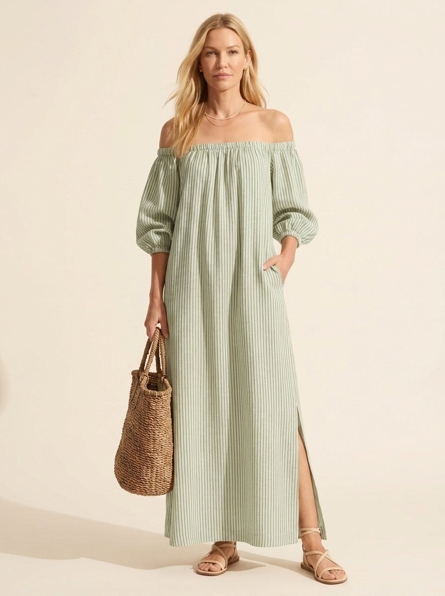 Boho Striped Off-Shoulder Maxi Dress with Puff Sleeves — Light Green