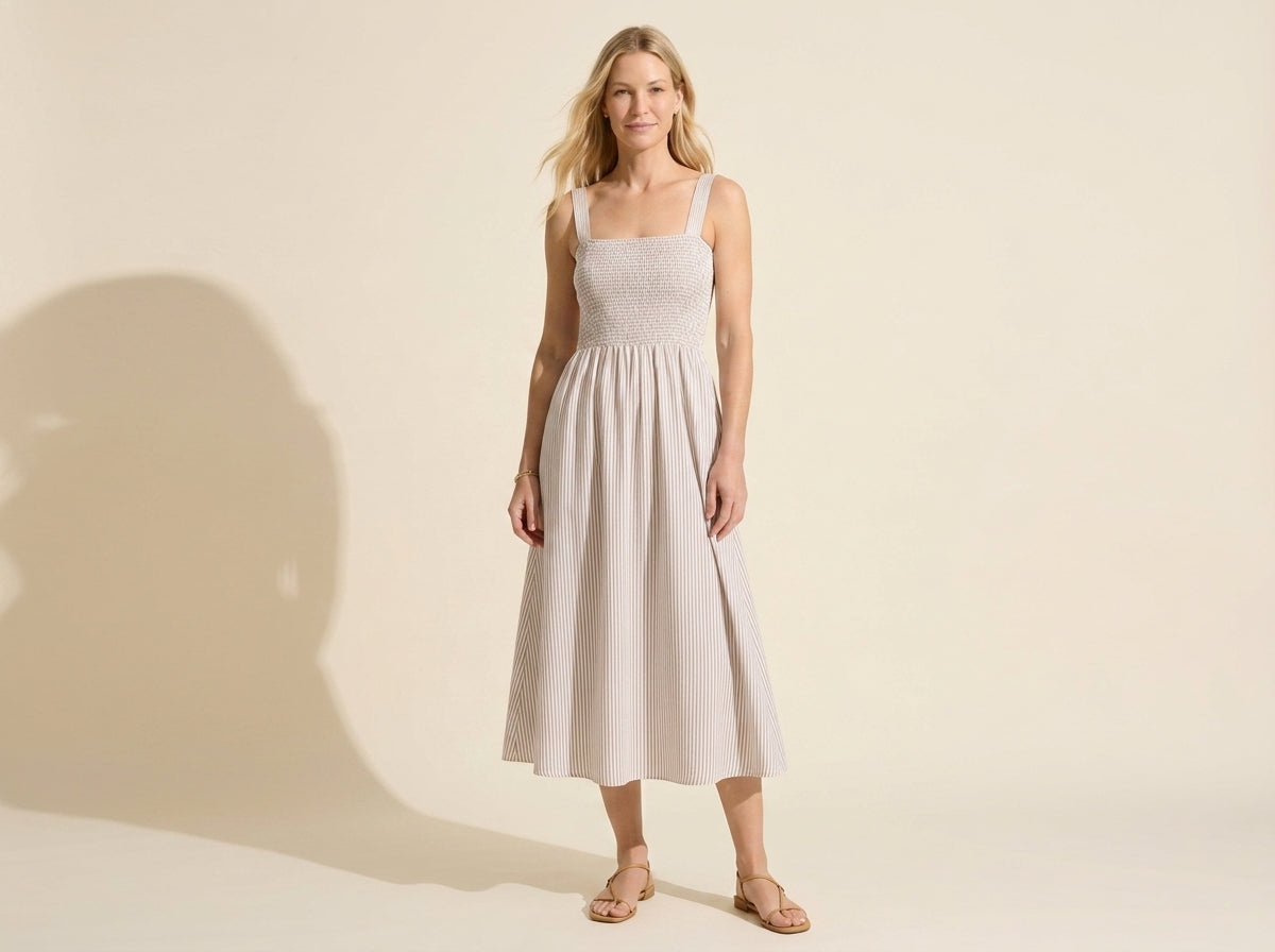 Striped Poplin Square Neck Midi Dress with Built-in Bra — Light Pink/White Stripe