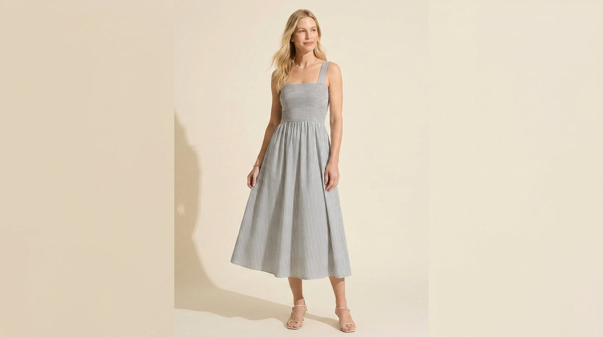 Striped Poplin Square Neck Midi Dress with Built-in Bra — Mizzle Green/White Stripe