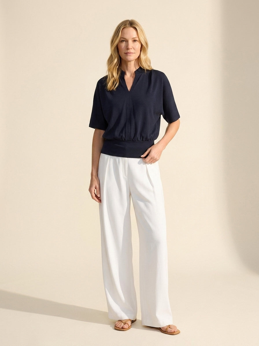 Elegant Stand Collar V-Neck Short Sleeve Top – Versatile Knit — Navy