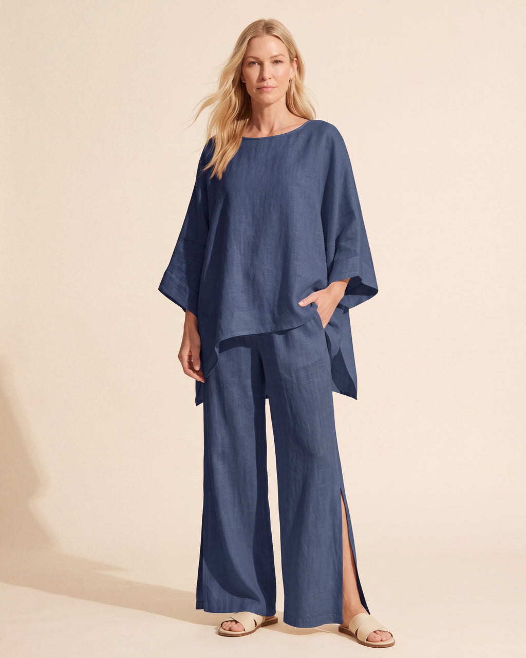 Women's Linen Two Piece Set - Relaxed Cotton Blend Outfit — Navy