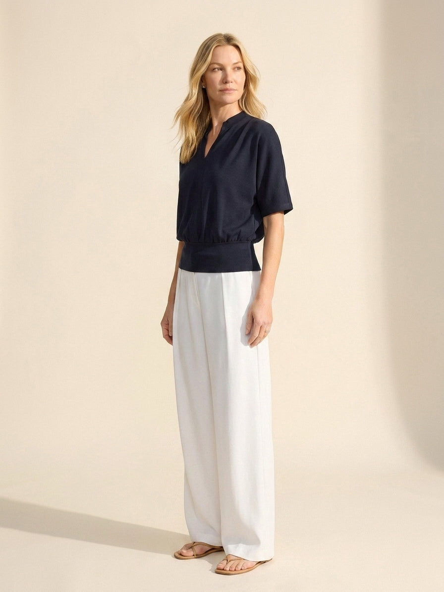 Elegant Stand Collar V-Neck Short Sleeve Top – Versatile Knit — Navy