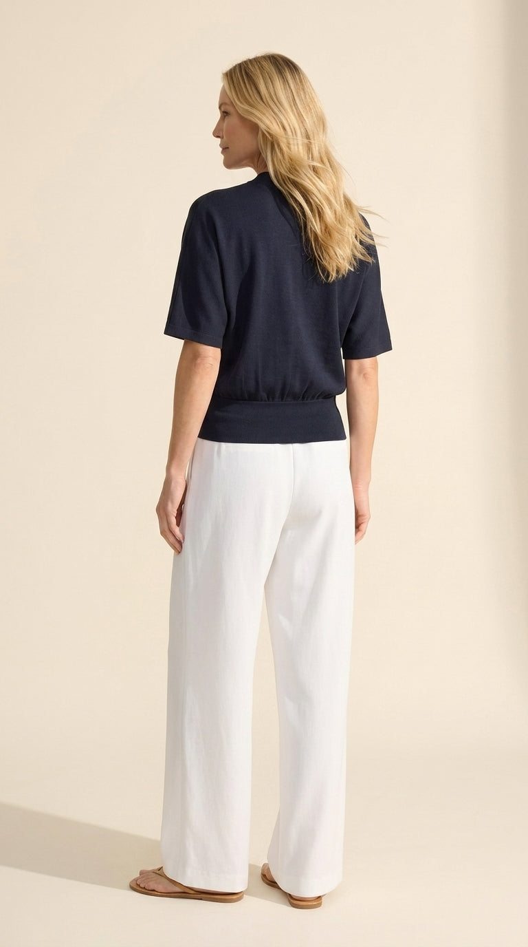 Elegant Stand Collar V-Neck Short Sleeve Top – Versatile Knit — Navy