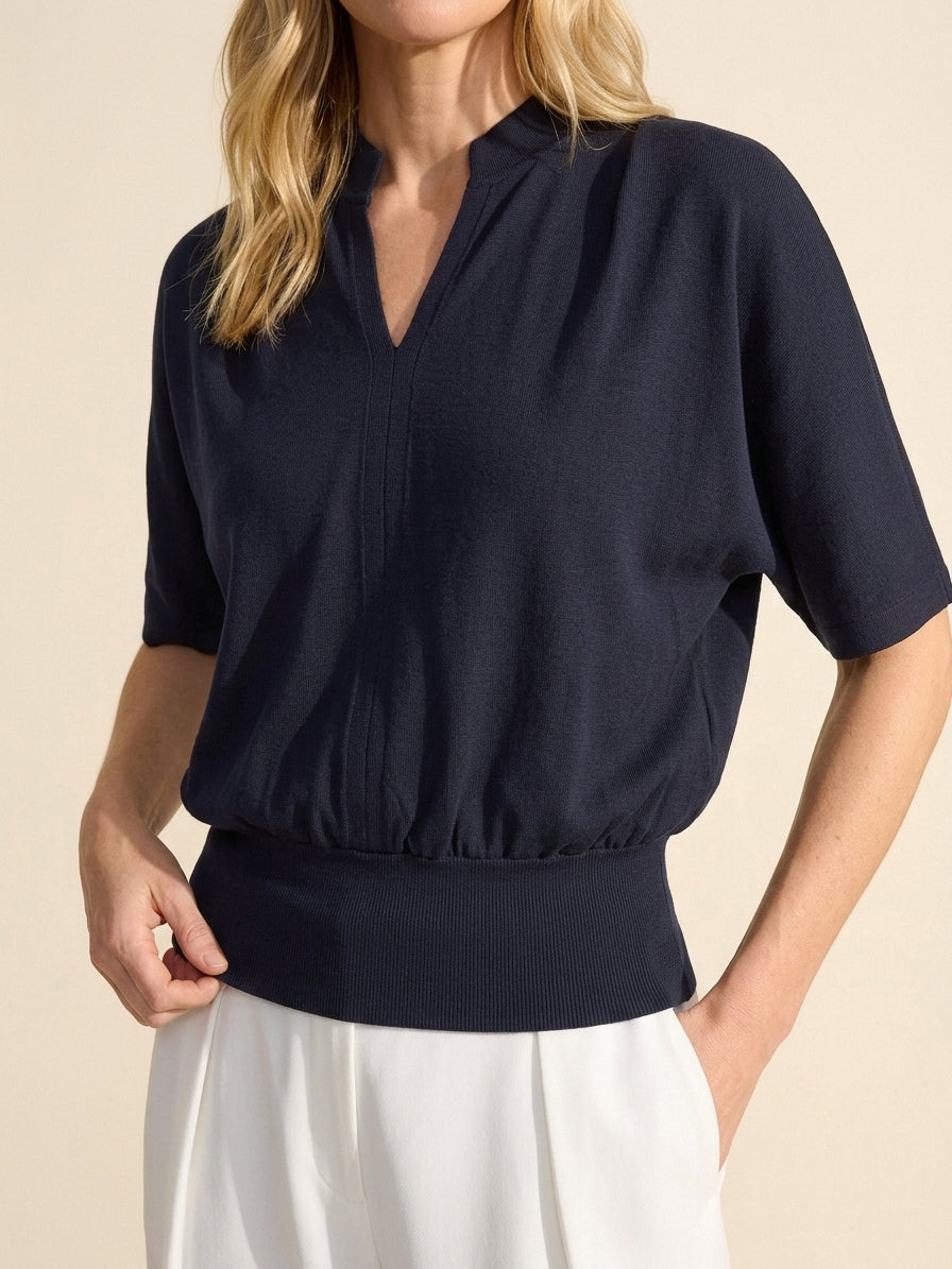 Elegant Stand Collar V-Neck Short Sleeve Top – Versatile Knit — Navy