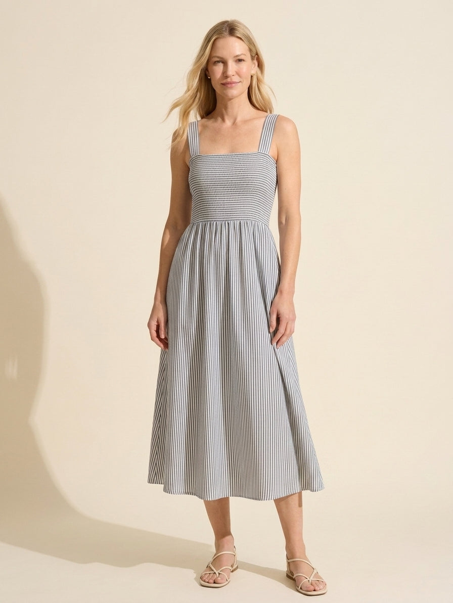 Striped Poplin Square Neck Midi Dress with Built-in Bra — Navy/White Stripe
