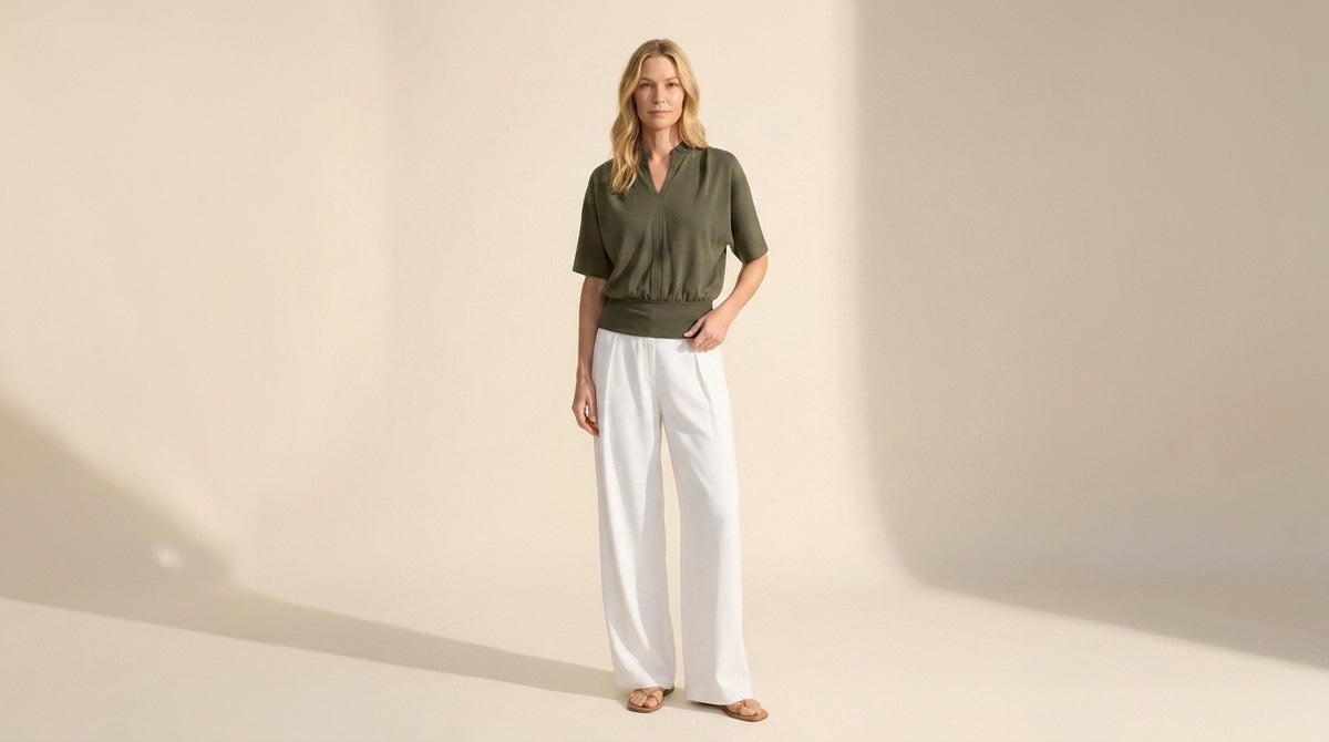 Elegant Stand Collar V-Neck Short Sleeve Top – Versatile Knit — Olive