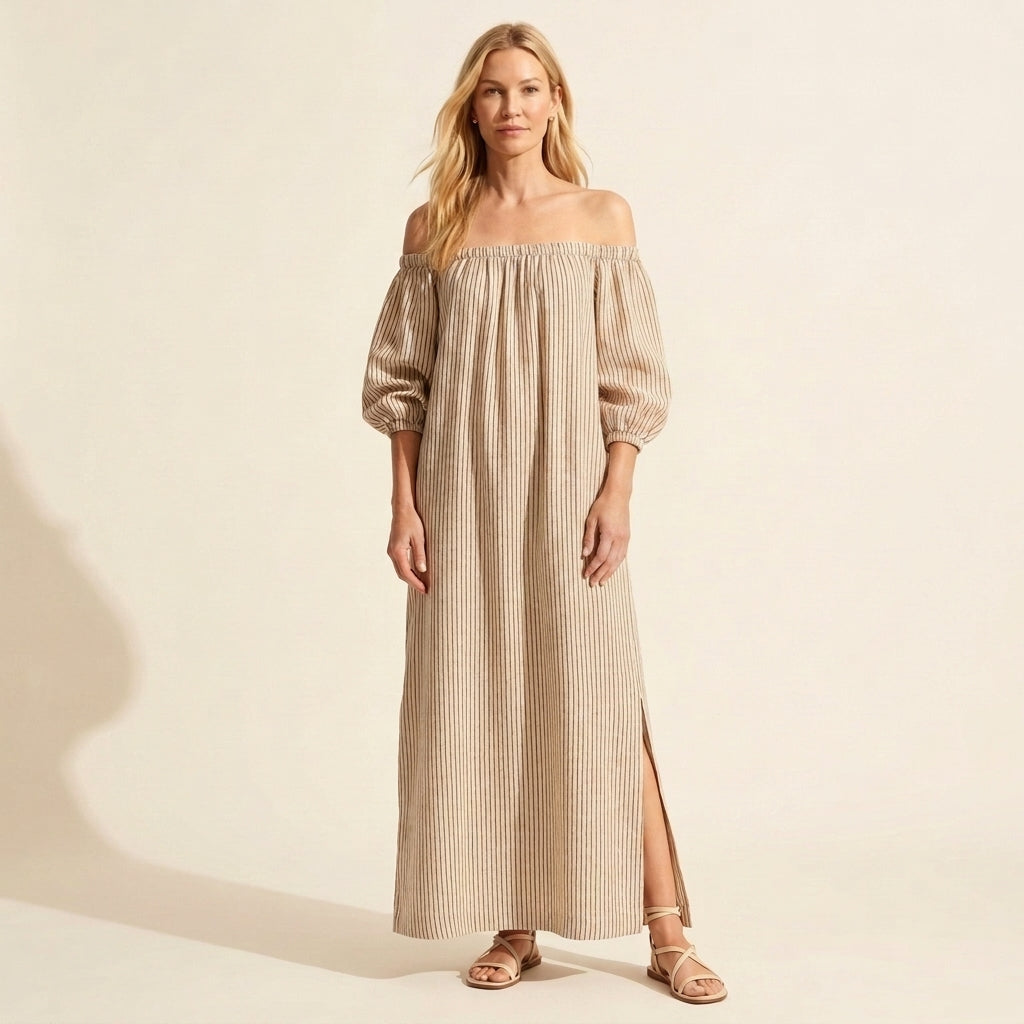 Boho Striped Off-Shoulder Maxi Dress with Puff Sleeves — Pink