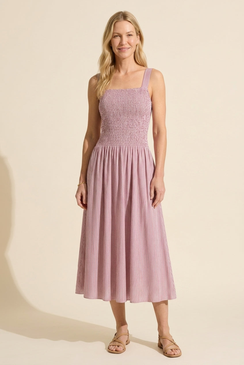 Striped Poplin Square Neck Midi Dress with Built-in Bra — Pink/White Stripe