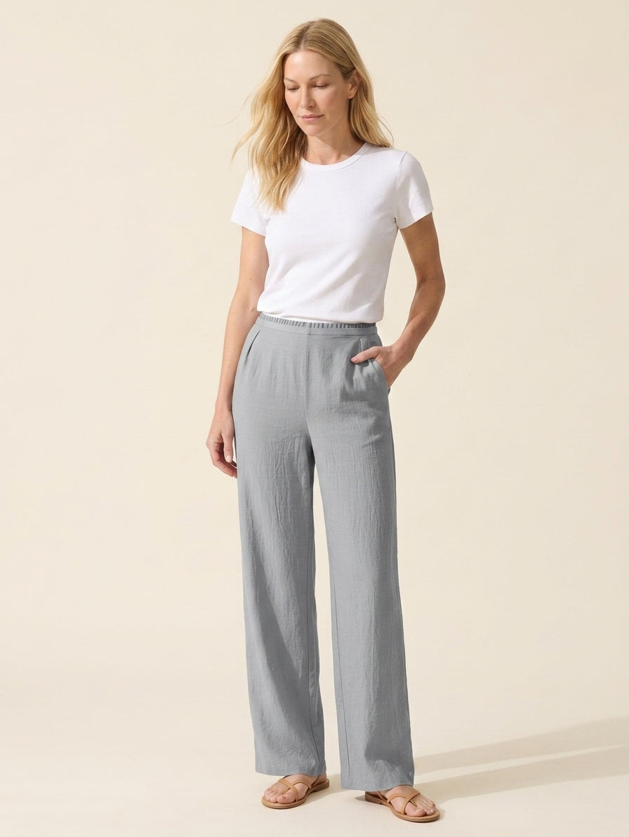 Wrinkle-Free Cotton Linen Straight Leg Pants | Mid-Rise Comfort — Silver