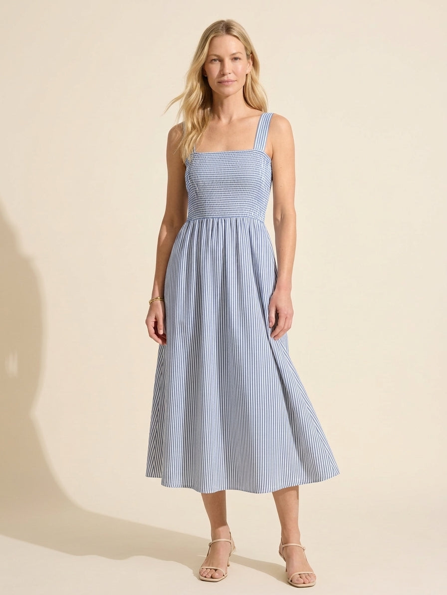 Striped Poplin Square Neck Midi Dress with Built-in Bra — Sky Blue/White Stripe