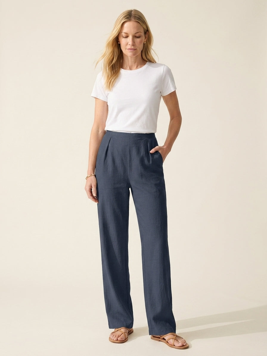 Wrinkle-Free Cotton Linen Straight Leg Pants | Mid-Rise Comfort — Smoky Navy