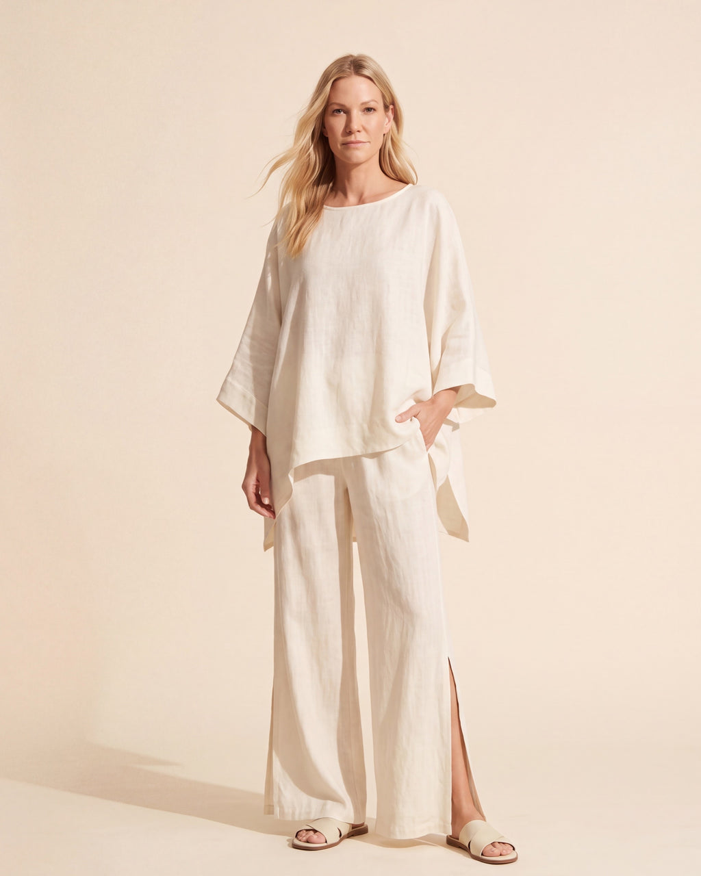 Women's Linen Two Piece Set - Relaxed Cotton Blend Outfit — White