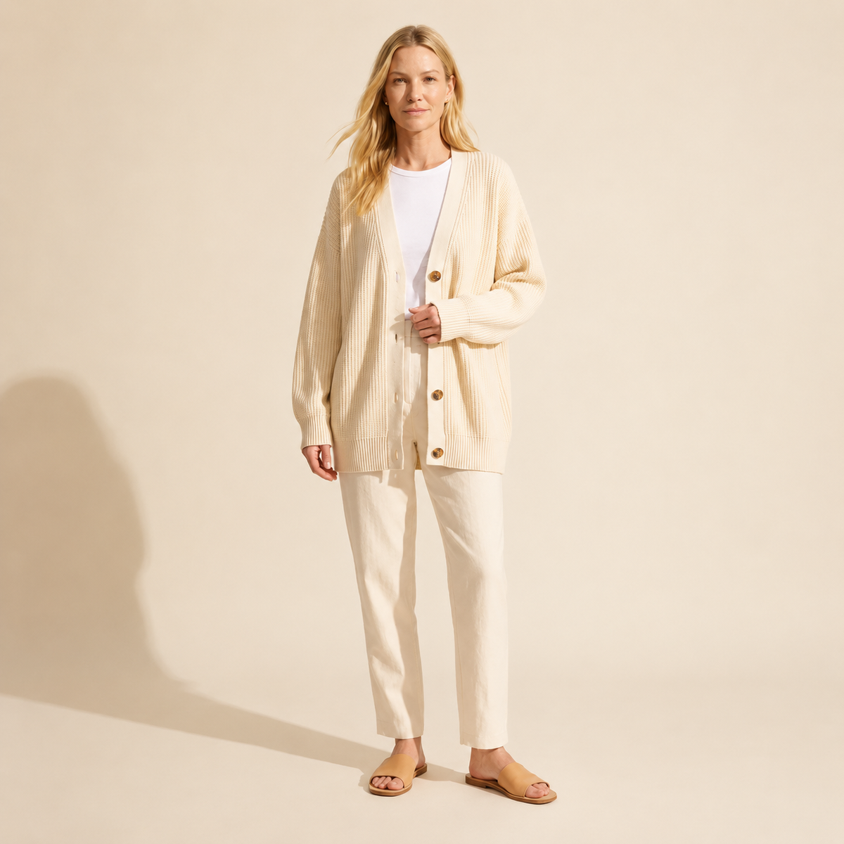Women's Oversized Knit Cardigan Sweater - Cozy Button-Front — White