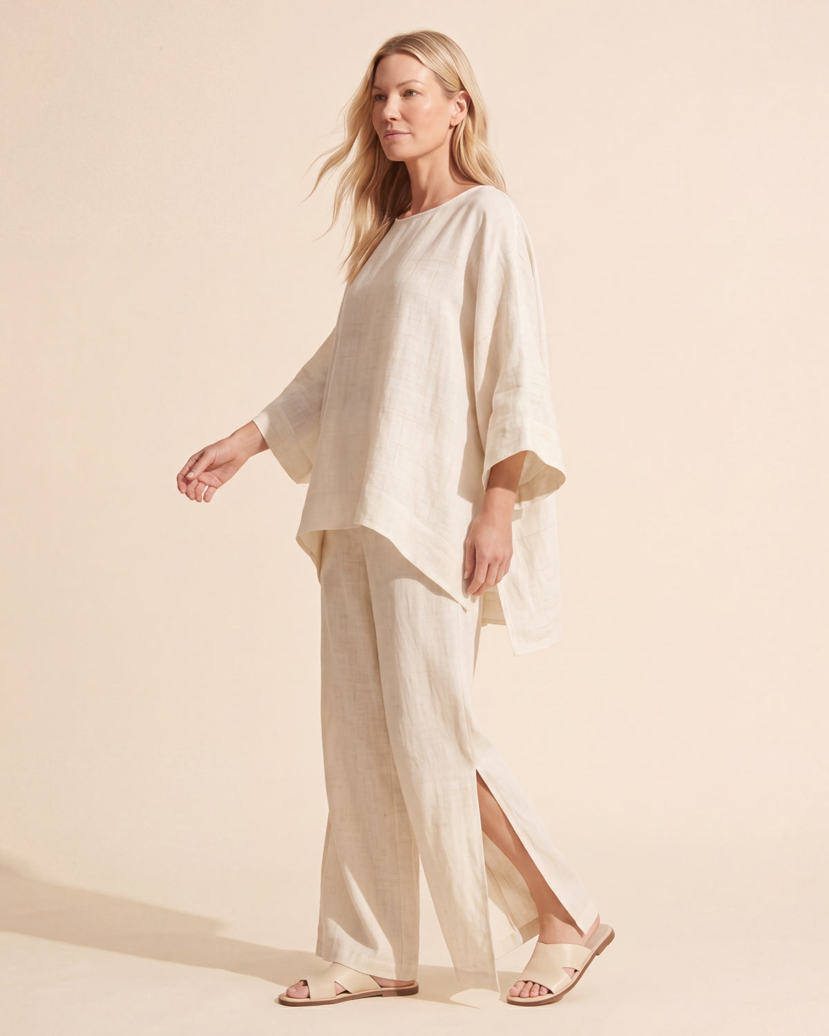 Women's Linen Two Piece Set - Relaxed Cotton Blend Outfit — White