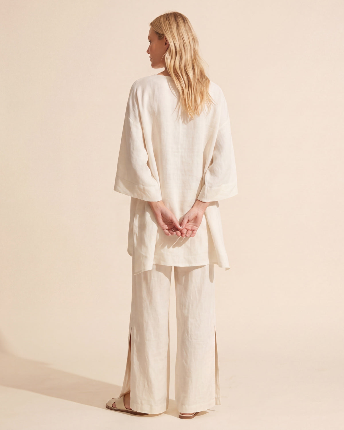 Women's Linen Two Piece Set - Relaxed Cotton Blend Outfit — White