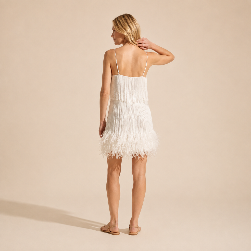 Elegant Feather Mini Dress for Parties & Special Occasions — White